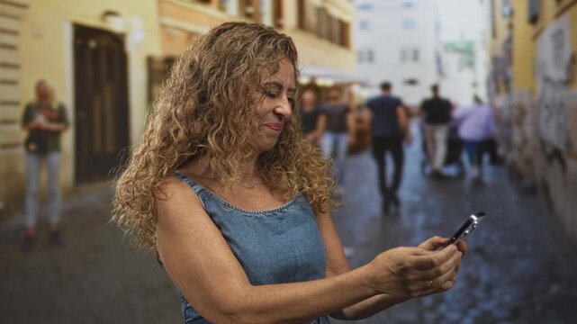 Middle aged woman holding smartphone with both hands and smiling while looking at her phone on a cobblestone street; contentment travel leisure.