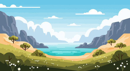 Naklejka premium Pixel Art Landscape: Serene Bay Surrounded by Majestic Mountains and Lush Greenery