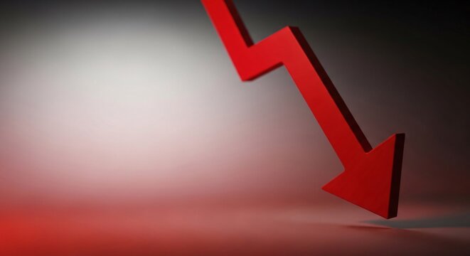 Red arrow pointing down on a dark background showing declining trend market loss decrease or bankruptcy concept