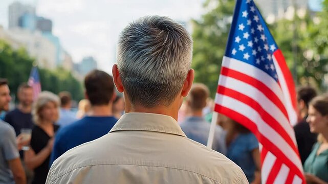 Man at outdoor gathering with American flag