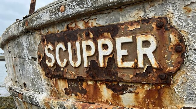 Close-up of the weathered nameplate SCUPPER on a rusty, abandoned boat hull.