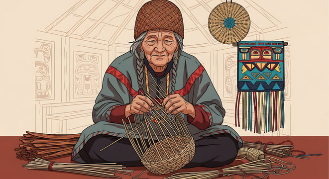 An elderly woman sits cross-legged on the floor, weaving a traditional basket with intricate patterns and colors.