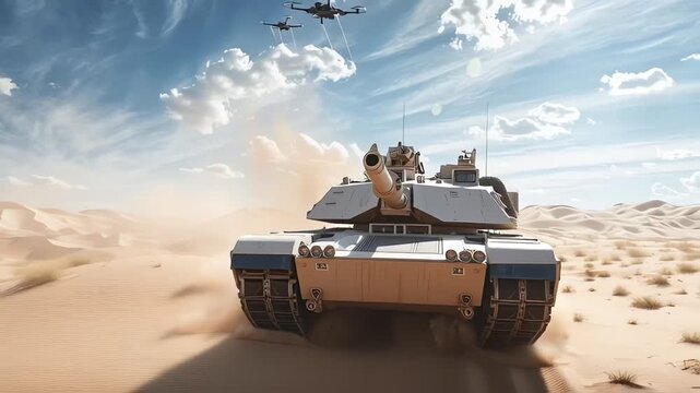 Modern battle tank and drones maneuvering in desert dunes