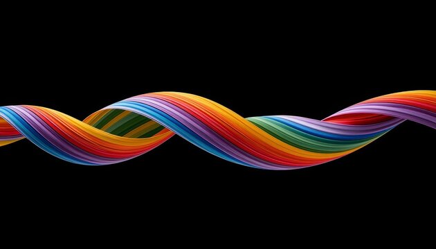 Rainbow ribbon twists dramatically across the absolute black background, symbolizing unity, diversity, and vibrant digital flow in an abstract visual display.