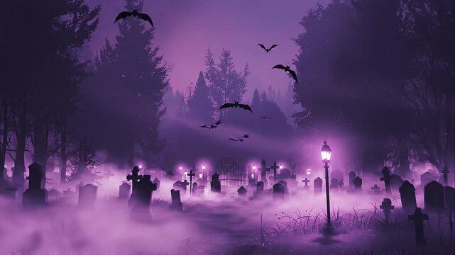 Eerie haunted graveyard scene at night, purple fog, leafless trees, bats flying, old tombstones, glowing lanterns, creepy atmosphere