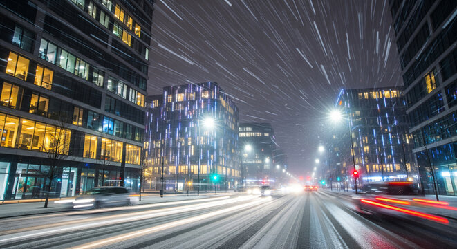 Winter night cityscape with snow flurry and light streaks, hyper-speed abstract background.