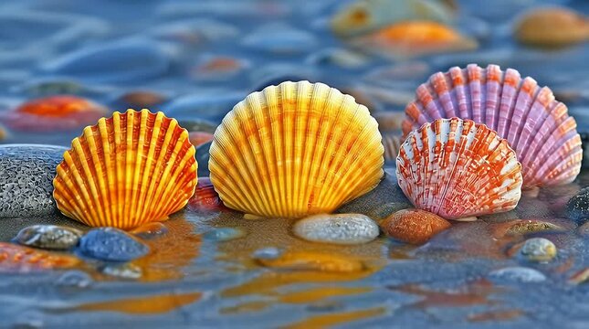 Vibrant Seashells on a Pebble Beach - A Close-Up Still Life of Colorful Shells and Smooth Stones Reflecting Warm Sunlight and Coastal Beauty