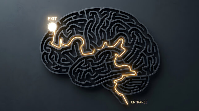 A vintage science illustration of a human brain model on white featuring a circuit pattern and maze design to symbolize the concept of a thinking mind