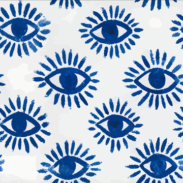 isolated clipart image of watercolor geometric ogee stripes evil eye sunrays blue handpainted repetitive pattern linocut vector icon monochrome simple logo