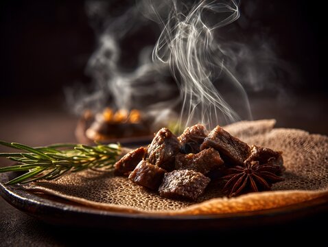 Scent of exotic African spice draw customer Ethiopian restaurant where delicate thread of sour injera flatbread serve edible utensil steaming beef tib clean professional stock photo sharp macro