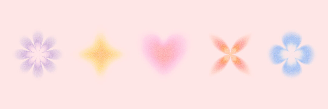 Grainy y2k shapes with halftone stipple texture.Colorful dotwork 2000s figures:heart,flower,star and sparkle with soft airbrush effect.Perfect for posters,branding,packaging and social media design