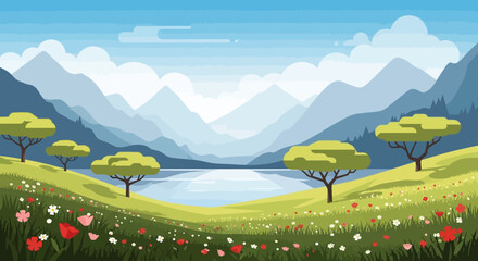 Fototapeta premium Pixel Art Landscape: Serene Mountain Lake with Wildflowers and Trees