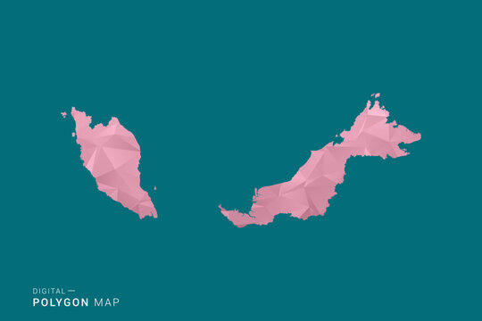 Malaysia polygon map vector illustration in low poly geometric style, soft pastel colors with pink and teal green tones, clean silhouette on solid background, ideal for infographic.