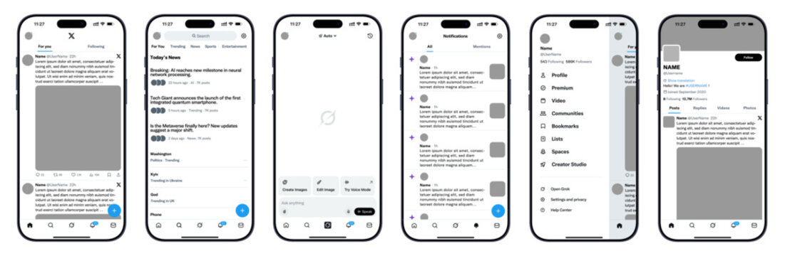 X Twitter 2026 full interface mockup with home feed post composer chat messages video player voice chat spaces carousel posts notifications explore tab and modern social timeline dashboard