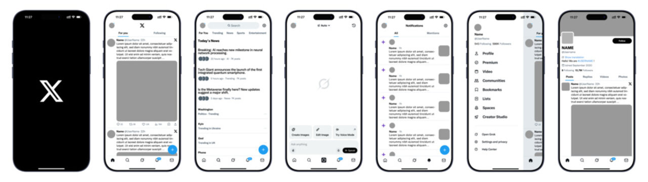 X Twitter 2026 full interface mockup with home feed post composer chat messages video player voice chat spaces carousel posts notifications explore tab and modern social timeline dashboard