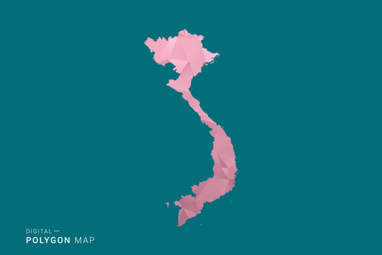 Vietnam polygon map vector illustration in low poly geometric style, soft pastel colors with pink and teal green tones, clean silhouette on solid background, ideal for infographic.