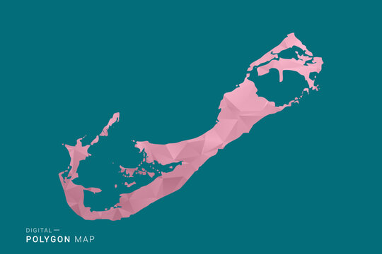 Bermuda polygon map vector illustration in low poly geometric style, soft pastel colors with pink and teal green tones, clean silhouette on solid background, ideal for infographic.