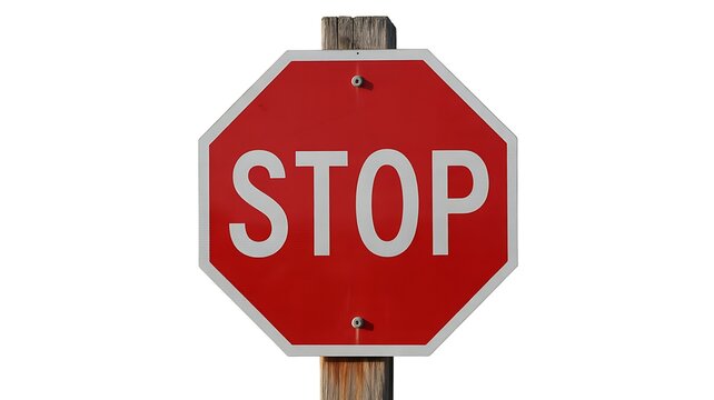 Red octagonal stop sign on wooden post