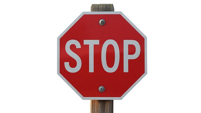 Red octagonal stop sign on wooden post