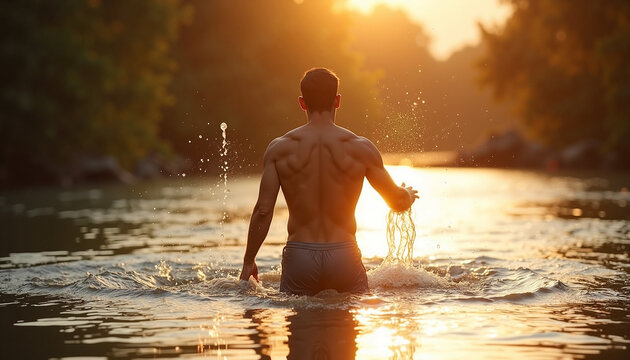 Man enjoying sunset while wading in river, splashing water around. Sunlight creates warm glow on water surface, enhancing tranquil atmosphere. Concept of outdoor relaxation and nature appreciation.