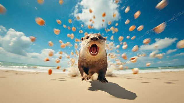 A fierce ferret running on sandy beach with frisbees flying in the air, bright sky overhead, wind sweeping across the scene