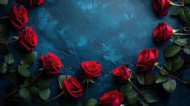 Circular arrangement of red roses surrounding dark textured center scene