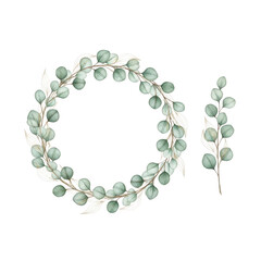 Obraz premium A wreath and a sprig of eucalyptus leaves isolated on transparent background