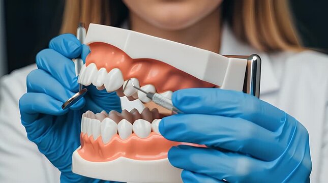 Dental professional in blue gloves meticulously demonstrates proper examination techniques using a detailed anatomical jaw model and specialized instruments&nbsp;