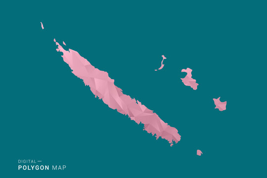 New Caledonia polygon map vector illustration in low poly geometric style, soft pastel colors with pink and teal green tones, clean silhouette on solid background, ideal for infographic.