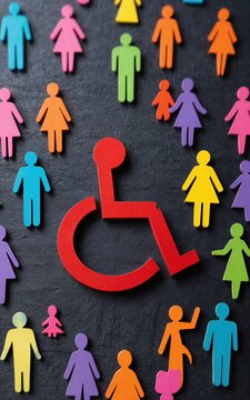 Colorful figures surround a prominent red wheelchair symbol