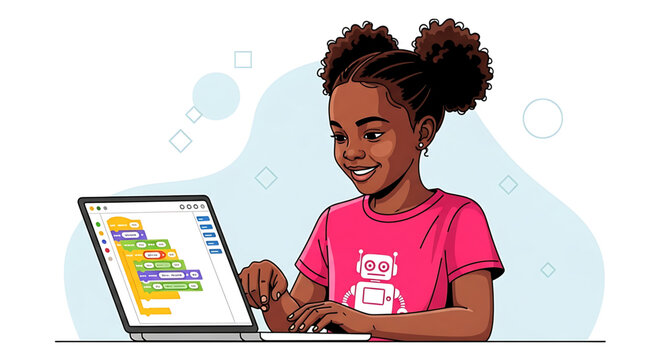 A young girl learning to code on her laptop with a robot design on her shirt