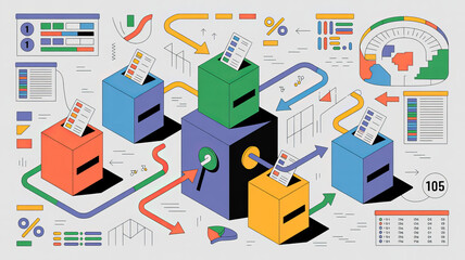 Fototapeta premium Digital Data Analysis: An abstract depiction of data-driven insights, showcasing various interconnected blocks and charts that visualize the flow of information and numerical analyses. 