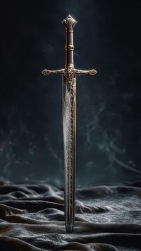 Full Length Medieval Sword with Ornate Handle in Cinematic Studio Lighting