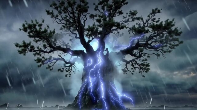 A mystical, glowing tree stands tall amidst a dark, stormy night with lightning illuminating its branches, set against a backdrop of ominous clouds and distant mountains, possibly used for fantasy or