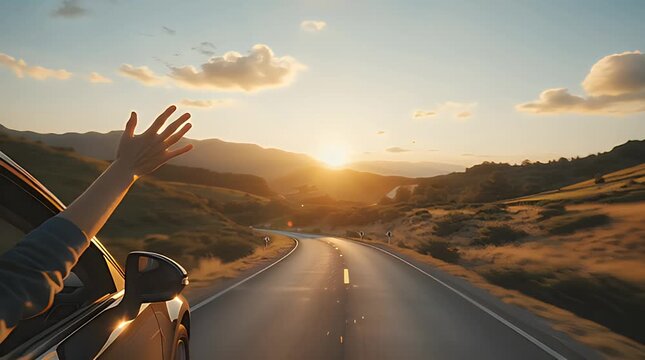 A person's hand reaches out of a car window, waving at the beautiful sunset over a winding mountain road, symbolizing freedom and the joy of travel during a memorable journey.