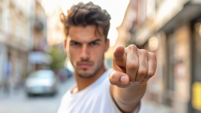 Young man pointing fist forward with intense expression representing confidence strength and assertive modern personality