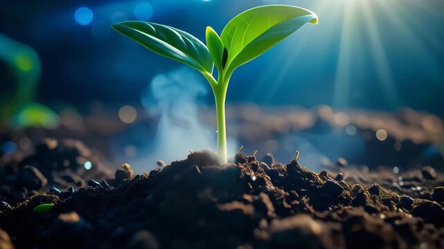 Young green seedling growing in dark soil under bright light representing hope innovation sustainability and future development concept