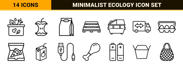Naklejka premium Sustainable Waste Management and Circular Economy Monoline Icon Set featuring Minimalist Geometric Symbols for Recycling and Ecology.