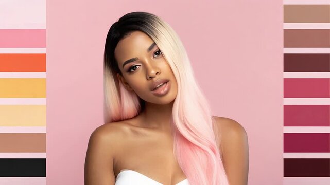 Portrait of woman with soft pastel hair and color reference chart illustrating hair dye selection beauty industry and fashion styling