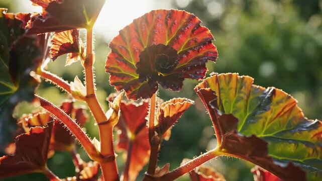 Sunlight illuminates vibrant red begonia leaves with ruffled edges, macro shot