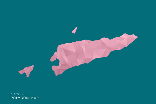 Timor Leste polygon map vector illustration in low poly geometric style, soft pastel colors with pink and teal green tones, clean silhouette on solid background, ideal for infographic.