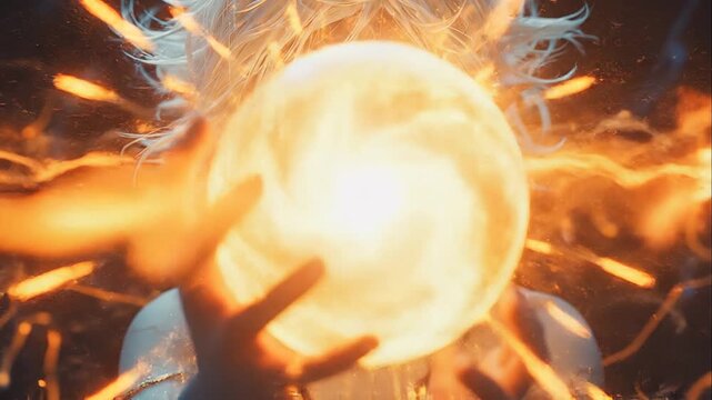 Intense figure with wild hair conjures fiery energy, gripping glowing orb with glowing eyes, surrounded by sparks and flames