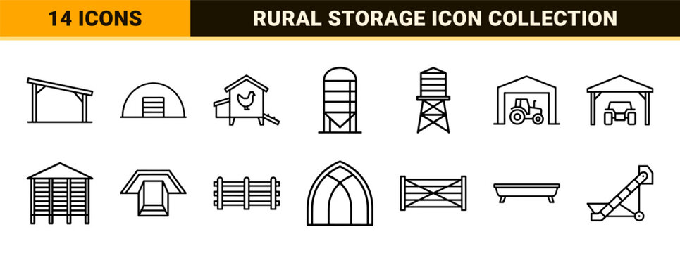 Rural Architecture and Agricultural Barn Collection featuring Ultra-Minimalist Monoline Geometric Line Art for Commercial Farm Storage Niche.