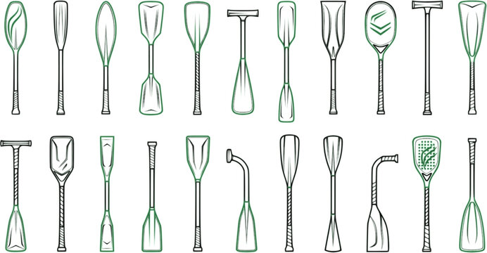 Collection of Diverse Paddle Designs in Green Outline
