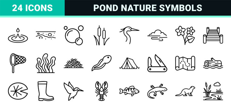 Freshwater Wetland and Pond Ecosystem Ultra-Minimalist Monoline Icon Set featuring Geometric Nature Symbols for Professional Digital Mapping.