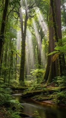 Fototapeta premium Sunlight streaming through a lush green forest with a winding stream.