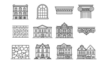 Fototapeta premium Generation image elevation icon outline frontage vector building city traditional cornice simple