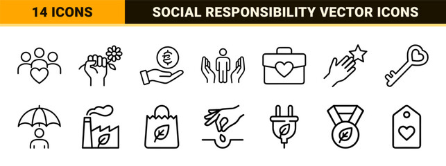 Fototapeta premium Ethical Business and Corporate Social Responsibility Icon Set featuring Ultra-Minimalist Geometric Line Art for Environmental Sustainability.