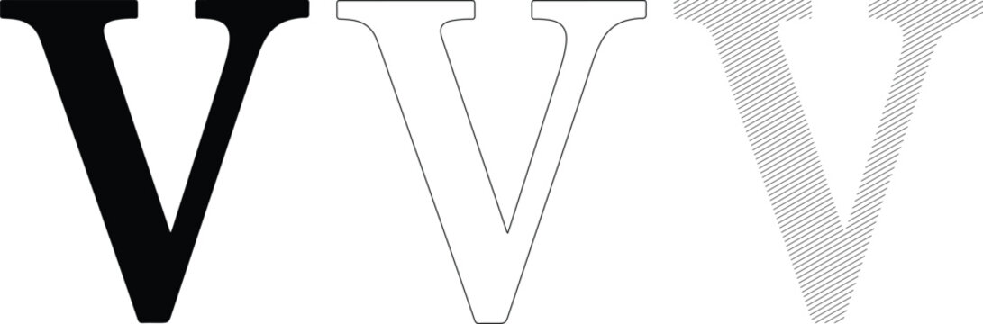 Letter V Variations: Solid Outline and Striped Vector Graphics for Typography Design