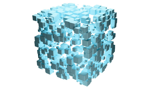 An abstract cube figure composed of small cubes on a transparent background. An abstract model of a magic cube, energy cube, hypercube, tetracube, or tesseract on a transparent background.